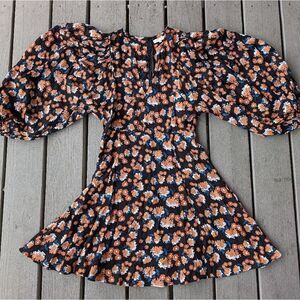 ByTimo Black Orange Floral Puff Sleeve Ruffle Mini Dress Small‎ Romantic Boho